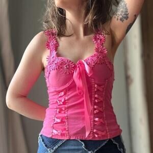 Vintage Y2K Bustier Top | Hot Pink Ribbon & Daisy Appliqué | Fairycore | Size M